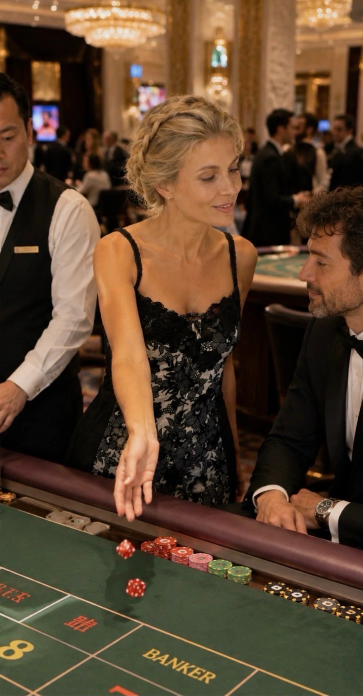 Patrice Bréal Robe longue noire et blanche à dentelle florale T38 élégante